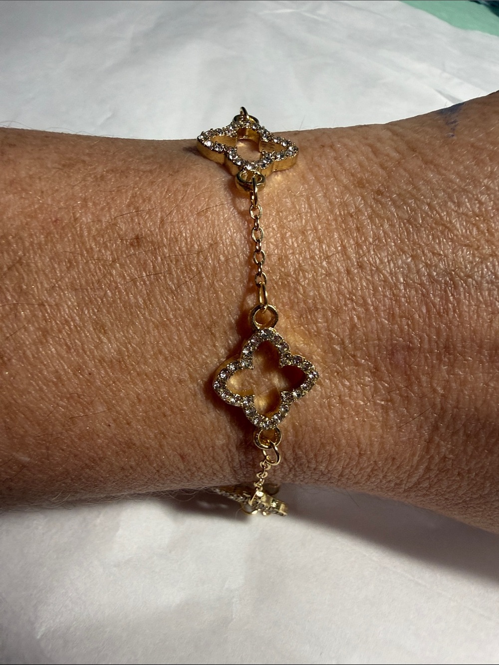 Gold Tone Clover Link Bracelet with Clear Stones Adjustable 7”-10”